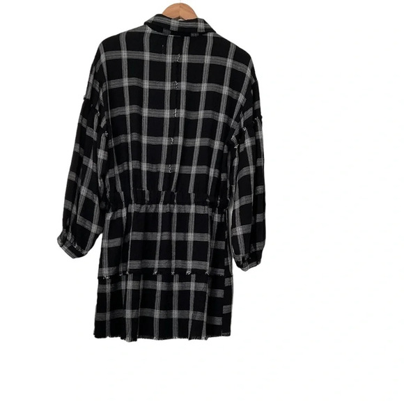 Vintage Havana Dress S Black White Plaid Puff Sleeve Raw HemTie Waist Oversized - Picture 2 of 12